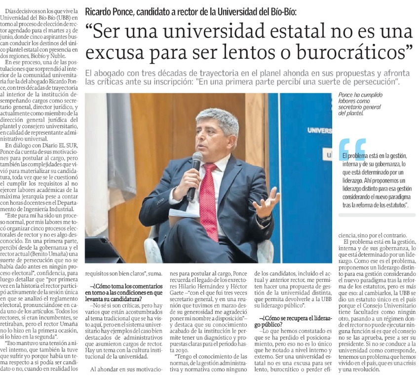 Ricardo Ponce en El Sur: «Ser una universidad estatal no es una excusa para ser lentos o burocráticos»